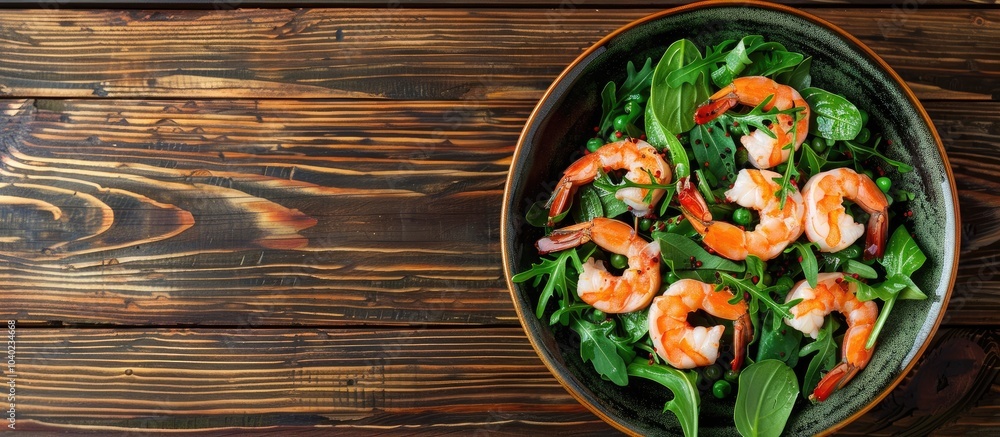Poster Healthy green salad with shrimp and green beans on a wooden table with space for text or images. Copy space image. Place for adding text and design