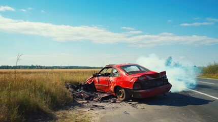 Red wrecked car with smoke in nature's quiet setting.