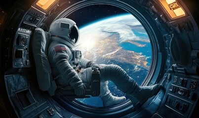 Astronaut Gazing at Earth from Spacecraft Window