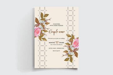 WEDDING INVITATION FRAME WITH FLOWER DECORATIONS AND FRESH LEAVES 