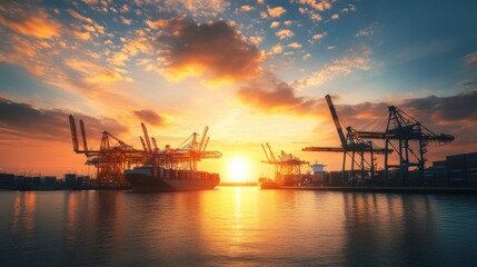 Obraz premium A contemporary harbor with a backdrop of a rising sun, cranes unloading containers, symbolizing a new day for global commerce