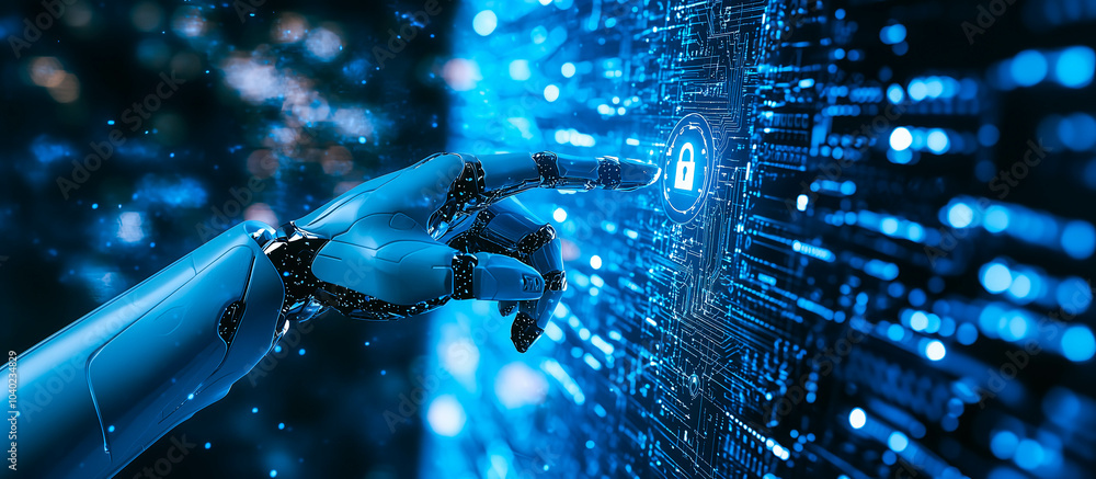 Poster a robot hand points towards a holographic display showcasing cyber security symbols. the intersectio