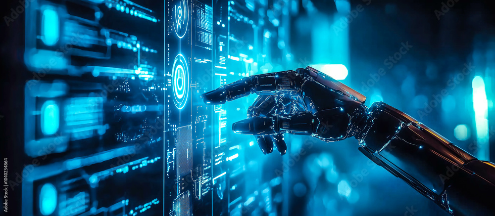 Poster a robot hand points towards a holographic display showcasing cyber security symbols. the intersectio