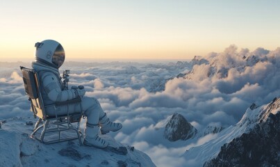 Astronaut Relaxing in Mountain Clouds at Sunset