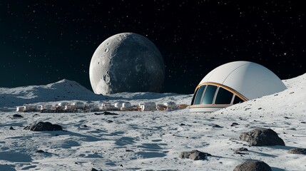 Futuristic space colony on a distant moon, human settlement in the background, stock photo style