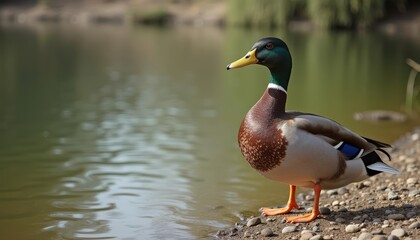  Peaceful pondside moment with a charming mallard duck