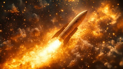 Rocket launching into a fiery atmosphere with smoke and stars