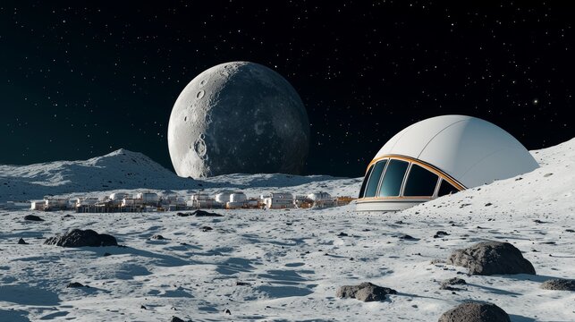 Futuristic space colony on a distant moon, human settlement in the background, stock photo style