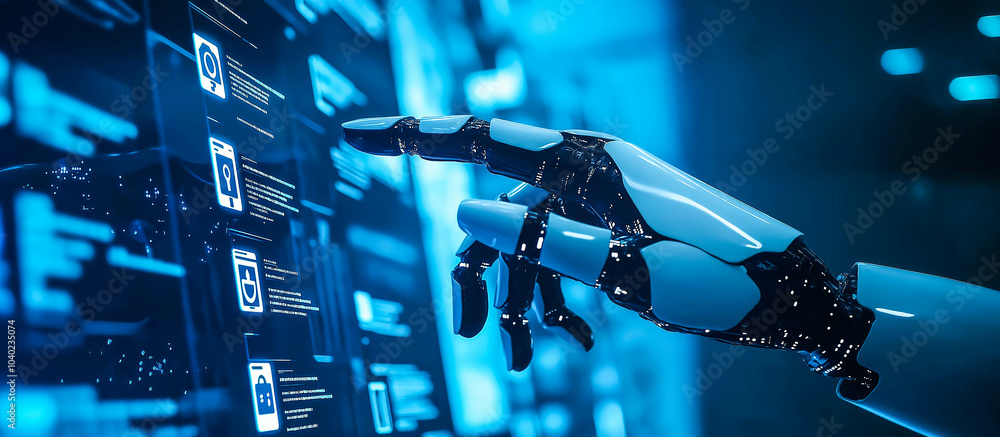 Poster a robot hand points towards a holographic display showcasing cyber security symbols. the intersectio