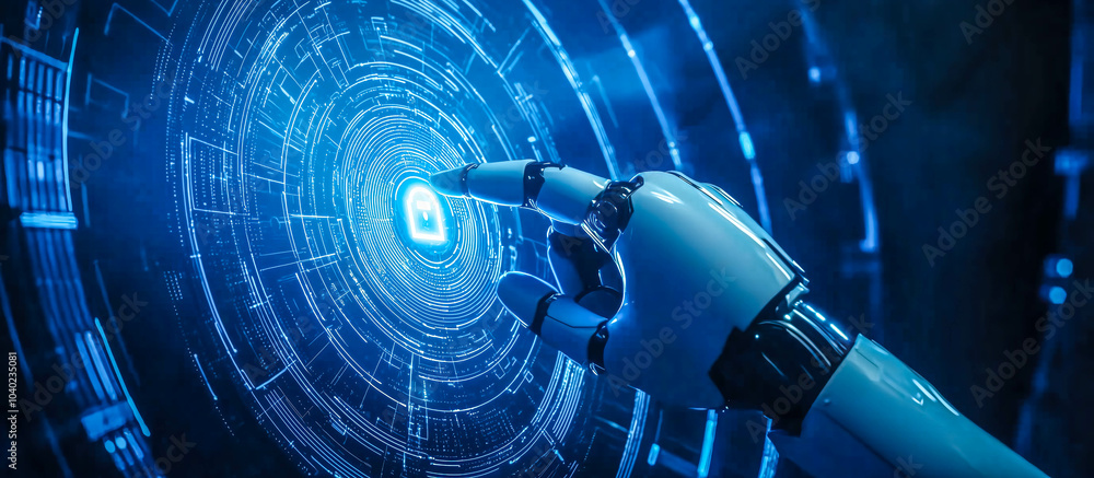 Poster a robot hand points towards a holographic display showcasing cyber security symbols. the intersectio