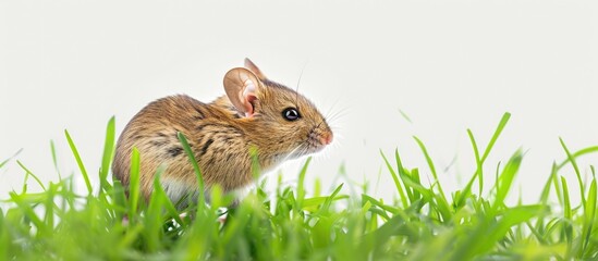 Obraz premium Striped grass mouse turned sideways facing away from the camera with copy space image on white background