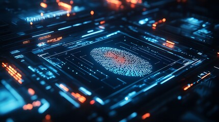 A forensic computer screen showing a fingerprint scan with biometric data, holographic interface with glowing data streams, dark room with soft blue lighting, sleek futuristic design,