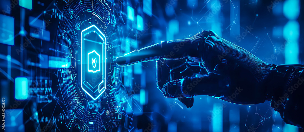 Poster a robot hand points towards a holographic display showcasing cyber security symbols. the intersectio