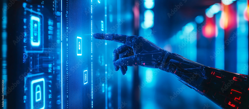 Poster a robot hand points towards a holographic display showcasing cyber security symbols. the intersectio