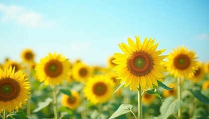 Fototapeta premium Bright and cheerful sunflower field under a clear blue sky
