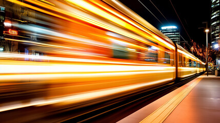 Fototapeta premium Vivid light trails of trains navigate through a bustling cityscape, illuminating the night with energy and movement