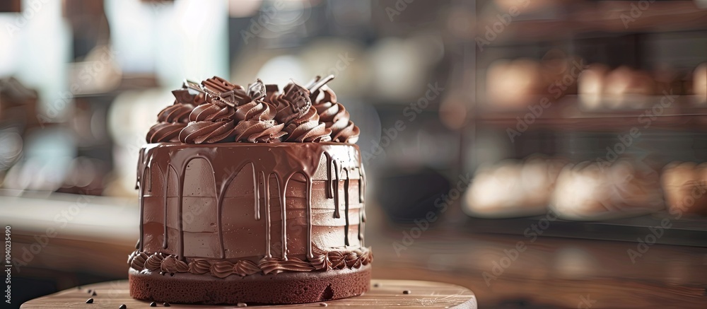 Poster selective focus on a chocolate cake decorated by a baker with a background allowing for copy space i