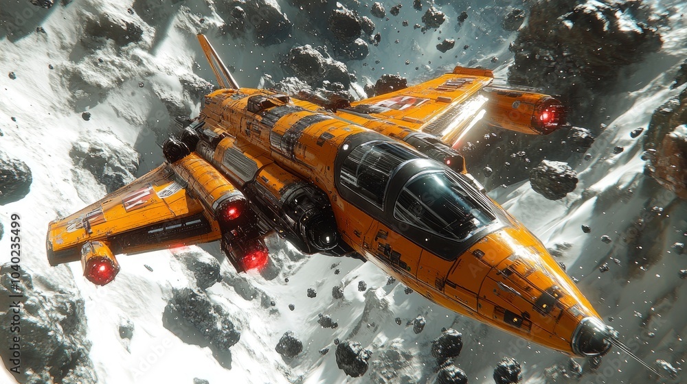 Aufkleber futuristic spaceship flying through asteroid field in outer space