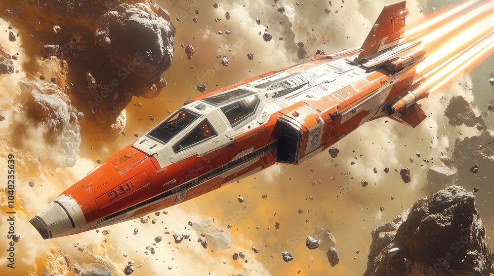 Poster futuristic spaceship flying through an asteroid field in deep space