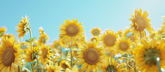 Beautiful sunflowers in full bloom with a clear blue sky providing the backdrop in the copy space image