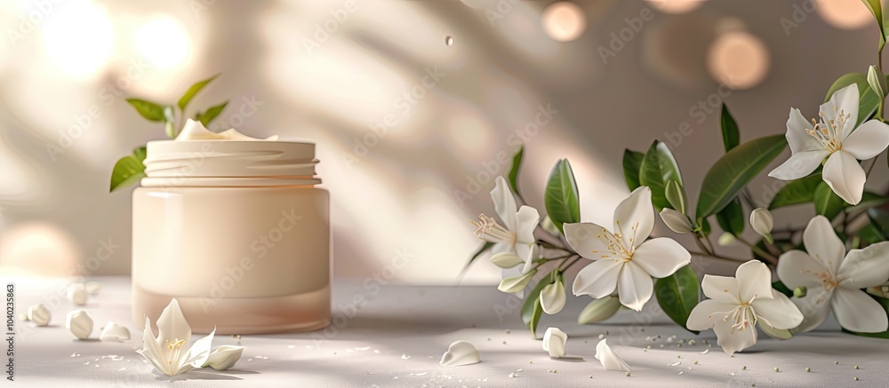 Poster close up view of cream jar and jasmine flowers on a grey table set against a beige backdrop with blu