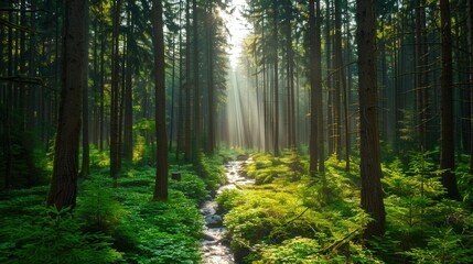 Obraz premium Sunlit Woodland Splendor, a dense forest where golden rays pierce through the canopy, illuminating vibrant greens and creating a breathtaking interplay of light and shadow.