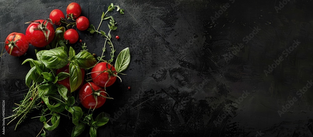Poster beta vulgaris vegetable on a table with herb stalks set against a black background in a top view sho