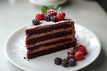A slice of moist chocolate cake topped with fresh berries, perfect for dessert or snack