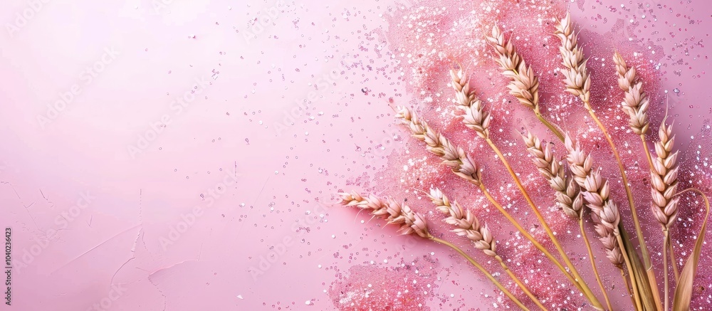 Poster pink glitter background with a bunch of wheat ears and a white mockup blank implying an agriculture 