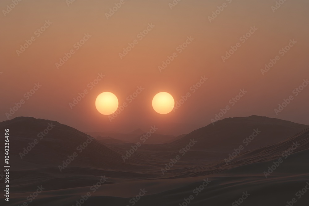 Wall mural the enchanting image captures two radiant suns setting over the shadows of a desert landscape, filli