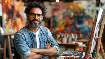Artist in studio smiling with painting tools and colorful background