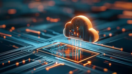 A digital representation of cloud computing, featuring a glowing cloud hovering above a network of circuits, symbolizing data transfer and technology advancements.