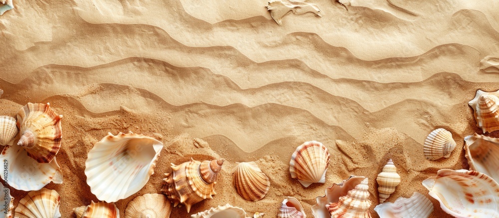Poster an image with empty paper frames decorated with shells on a sandy backdrop perfect for adding text i