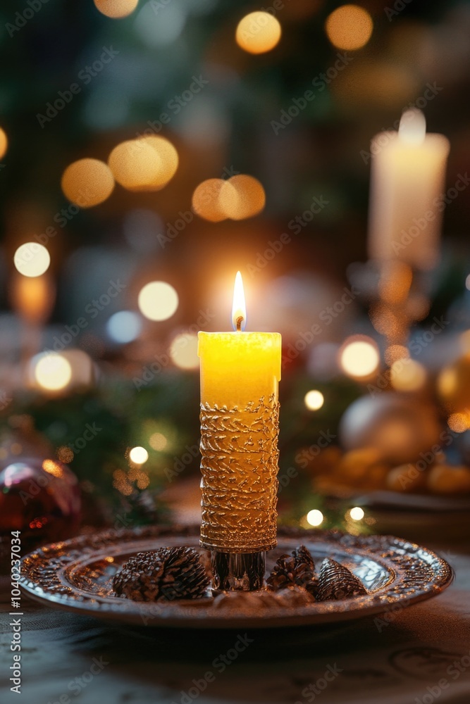 Poster a single candle sits on top of a plate on a table, ready for use or display