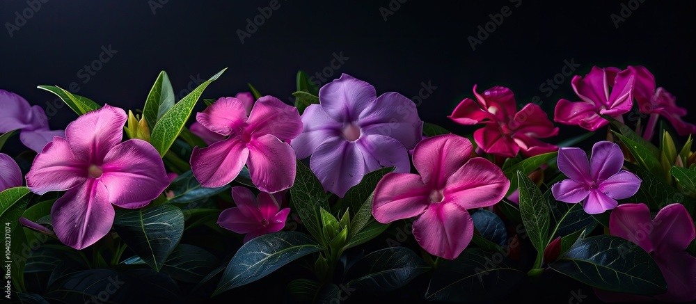 Poster catharanthus roseus flowers showcase a range of colors including purple or pink hues with space for 