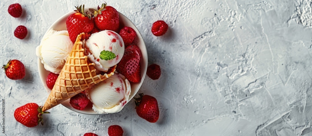 Aufkleber copy space image of fresh strawberries and ice cream cones in a waffle cone on a light background vi