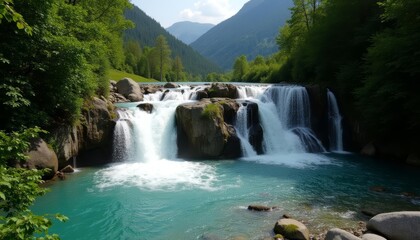 Fototapeta premium Natures grandeur A waterfall cascading into a serene blue lagoon