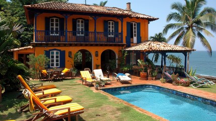 Fototapeta premium A vibrant two-story house with a colorful facade and charming balcony overlooks a scenic poolside area surrounded by lush tropical vegetation