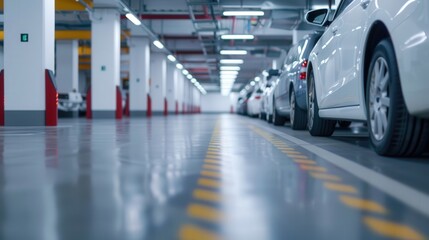 Futuristic Automated Parking Garage, an underground facility showcasing cutting-edge robotics and innovative technology for seamless vehicle storage and retrieval