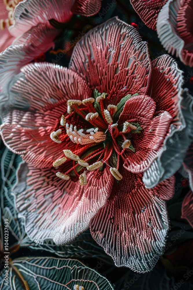 Poster a detailed view of a bloom with numerous petals, suitable for use in botanical or decorative context