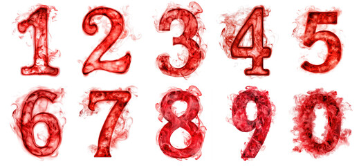 Numbers 0 1 2 3 4 5 6 7 8 9 set collection made from red smoke isolated on transparent background, PNG. Clipart template 