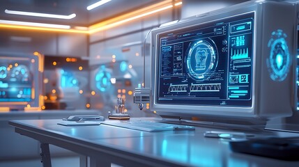 Obraz premium A futuristic medical workstation displaying health records being accessed with a fingerprint scan, holographic biometric data and patient details, clean hospital room with bright ambient lighting,