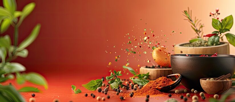 Cilacap image with spices and kitchen herbs in the background as copy space image