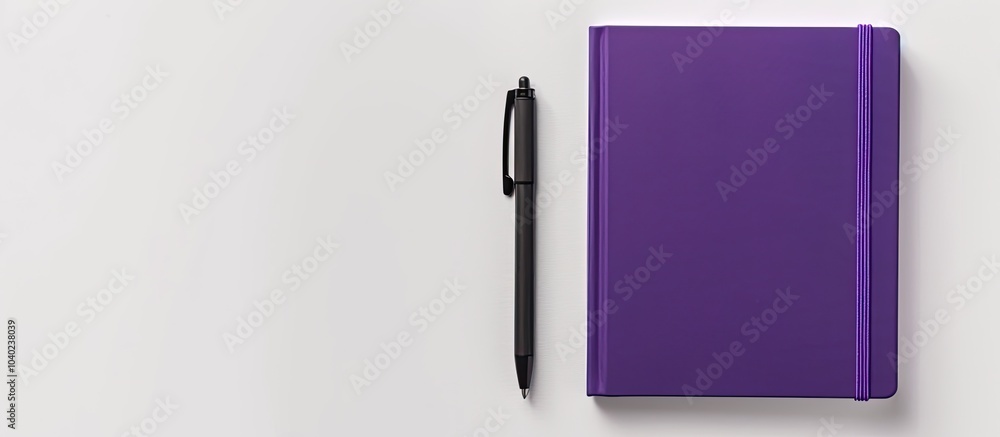 Poster purple notebook seen from above on a white background suitable for school or office decor with a fla