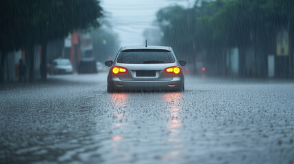 Rainy Street Journey, navigating a flooded road under a relentless downpour, tires splashing through puddles, visibility reduced in a heavy rainstorm, a challenging drive ahead