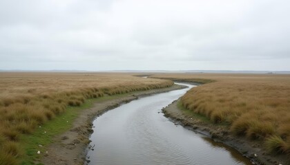  Narrow river meandering through a vast grassy plain under a cloudy sky