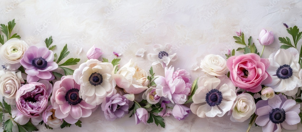 Poster an elegant arrangement featuring anemone peony flowers on a soft backdrop with ample copy space perf