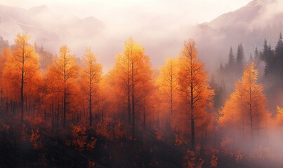 Autumn Trees in Misty Mountain Landscape