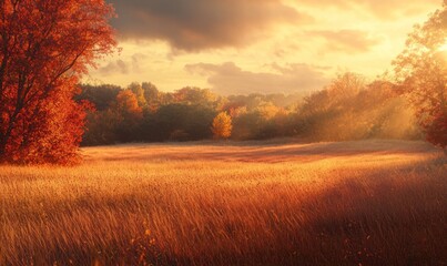 Obraz premium Golden Autumn Meadow at Sunrise