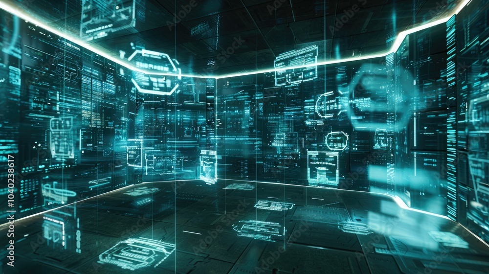 Poster floating holographic interfaces in a dark room